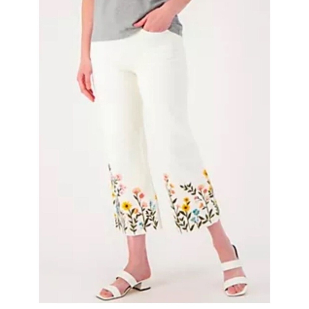 DRIFTWOOD Charlee White Cropped Pants with Floral Embroidery Raw Hem Sz. 14